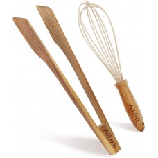 Wooden Tong and Egg Whisk Set,Kitchen Cooking Set for AIUHI Cookware for Cooking, Baking, Frying, Grilling, Blending and Serving