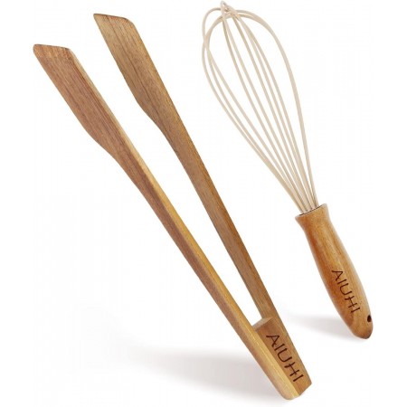 Wooden Tong and Egg Whisk Set,Kitchen Cooking Set for AIUHI Cookware for Cooking, Baking, Frying, Grilling, Blending and Serving