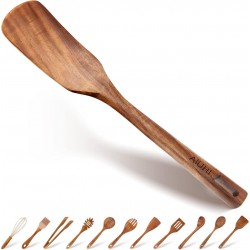 Wooden Spoons for Cooking, Wooden Spatula with Long Handle, Teak Wood Kitchen Utensils Wood Turner for Housewife Chef Cook