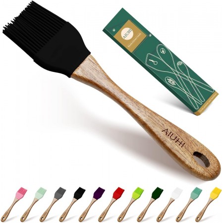 Oil and Butter Brush,Silicone Basting Brush with Wooden Hand,Pastry Brush for Cooking Black