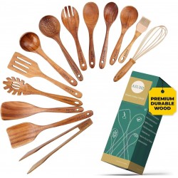 13 pcs Wooden Utensils Teak Wood Kitchen Wooden Spoons for Cooking,Spatula Set with Wooden Spoon Rest,Tong,Whisk