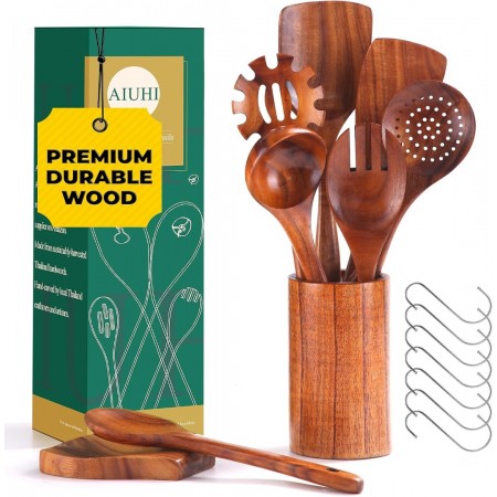 AIUHI 9pcs Wooden Spoons for Cooking, Wooden Kitchen Utensils, Teak Wood Spatulas Utensils set