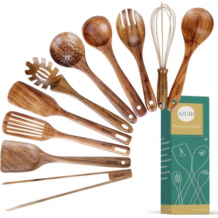 Natural Teak Wood Kitchen Utensils with Spatula and Ladle (10)